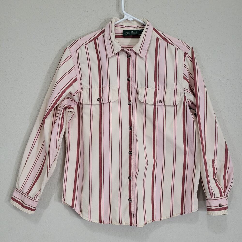 Vintage Cotton Button Up Shirt Cabin Creek Womens M Pink Striped Casual Classic